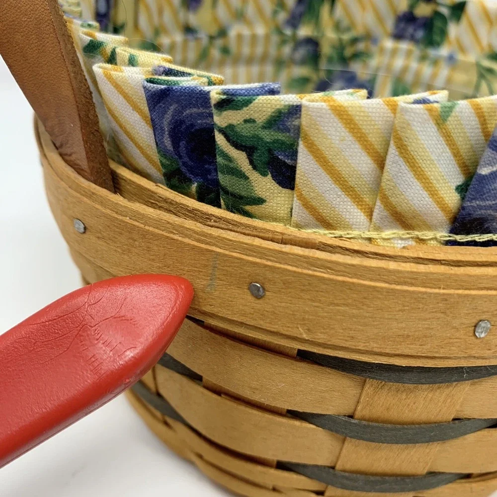 Longaberger 1996 Round Basket Leather Handles 6.5 Inch Fabric Liner, Protector